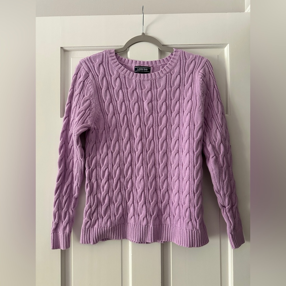 Lands’ End 100% Cotton Cable Knit Crewneck Long Sleeve Pullover Sweater